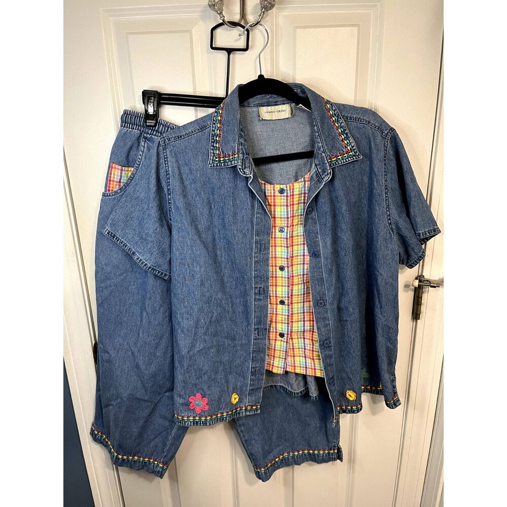 Vintage Lemongrass Rainbow Embroidered Denim & Plaid Shirt Capri Set Size Large
